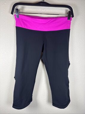 LULULEMON Run Fast Free Crop Capri Sz 6 Black/Pink Tiny Ruffle Down Leg Active